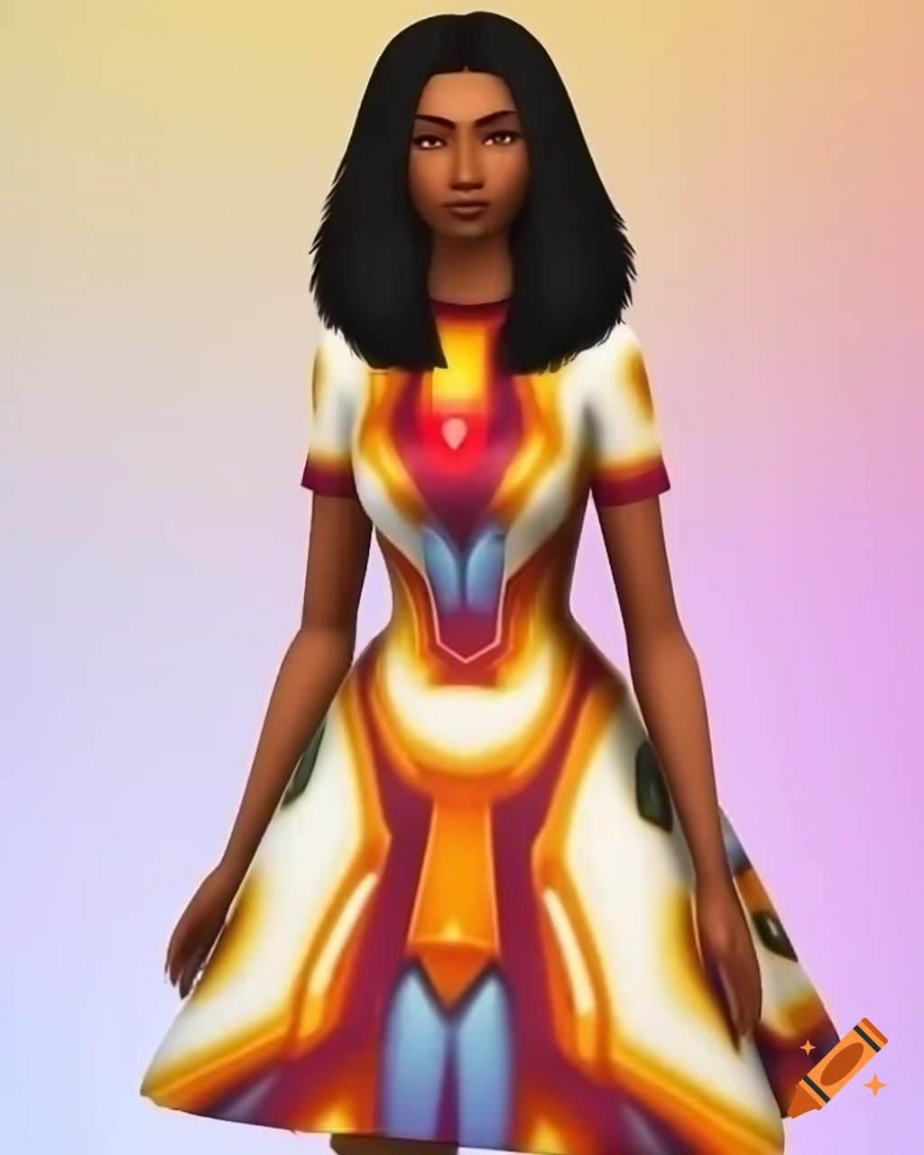 Woman in Metroid themed dress in The Sims 4