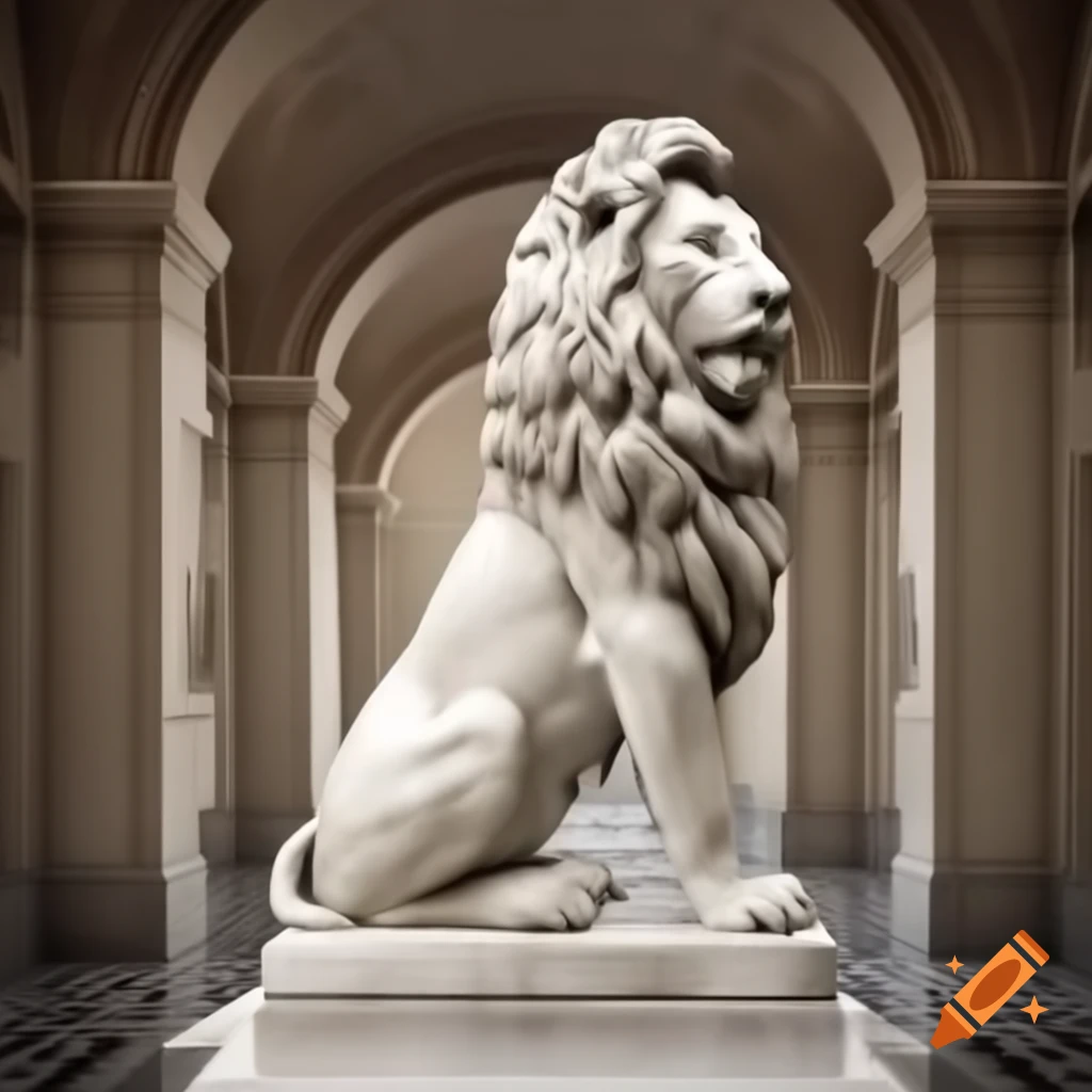 Marble sculpture of male lion in a hallway