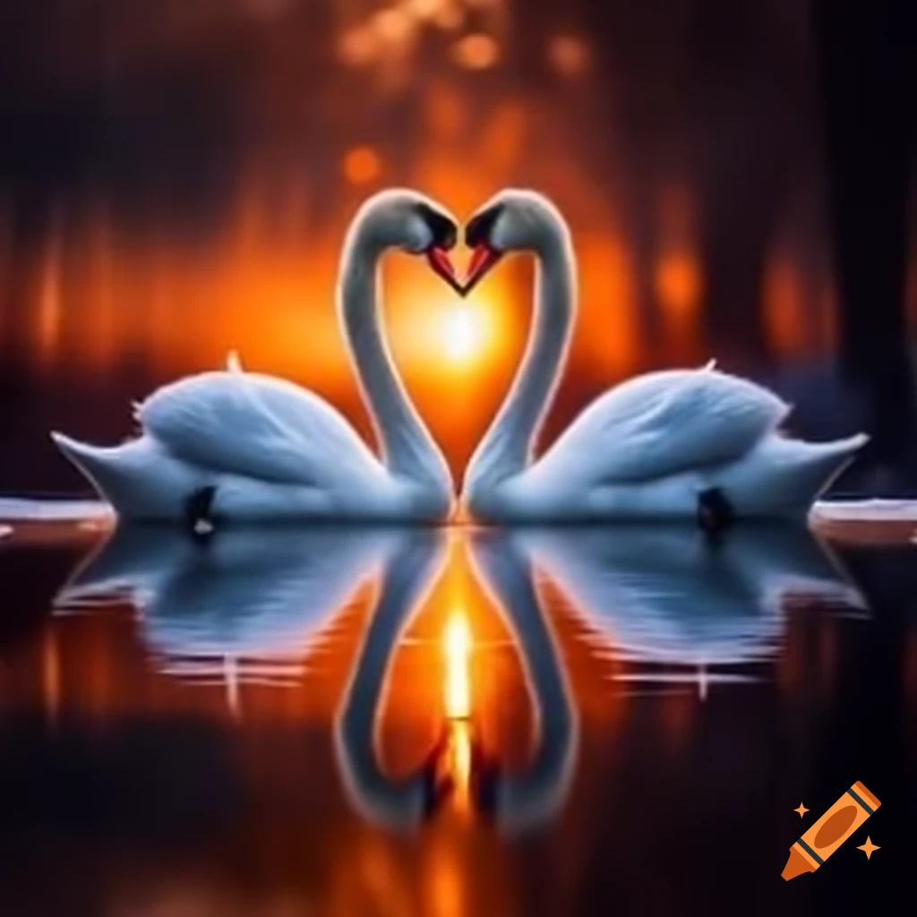 Two swans on a winter pond at sunset with snow