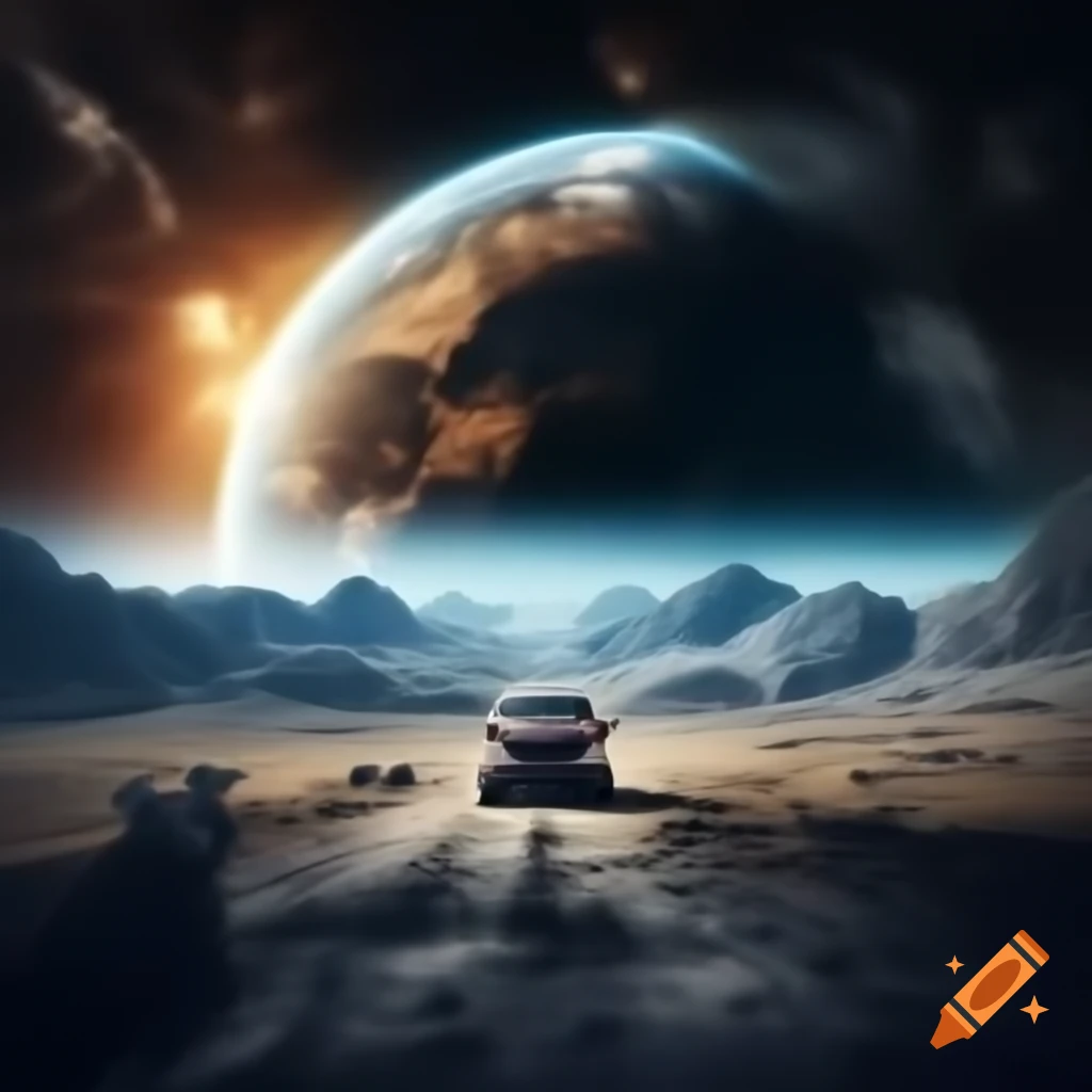 Fictional car navigating rocky planet with giant inhabitants