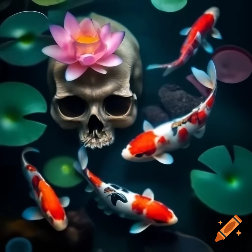 Koi fish swimming near a skull surrounded by lotus flowers