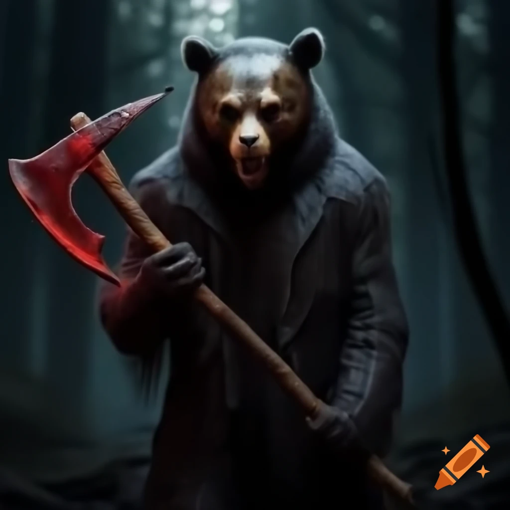 Shadowy figure with crimson axe and bear mask emerging from forest