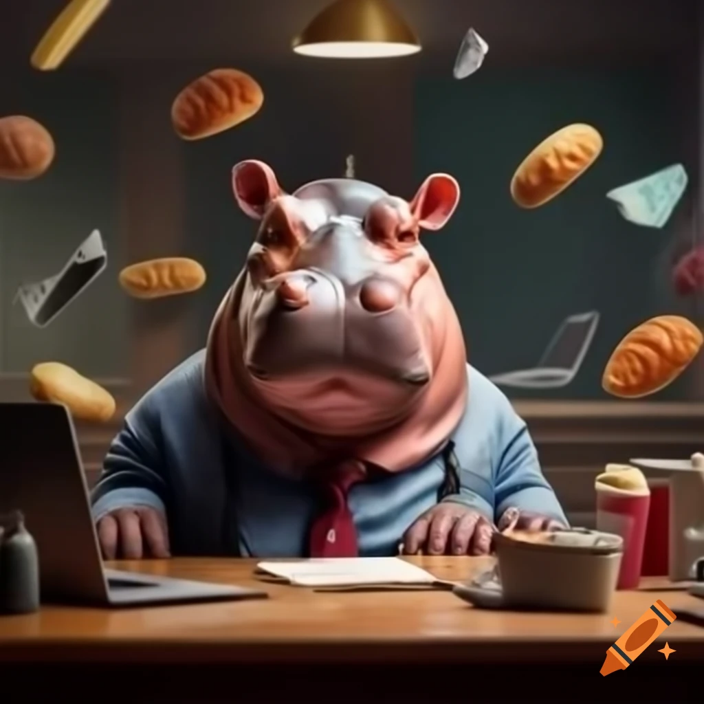 Hippopotamuses at boardroom table with laptops and snacks