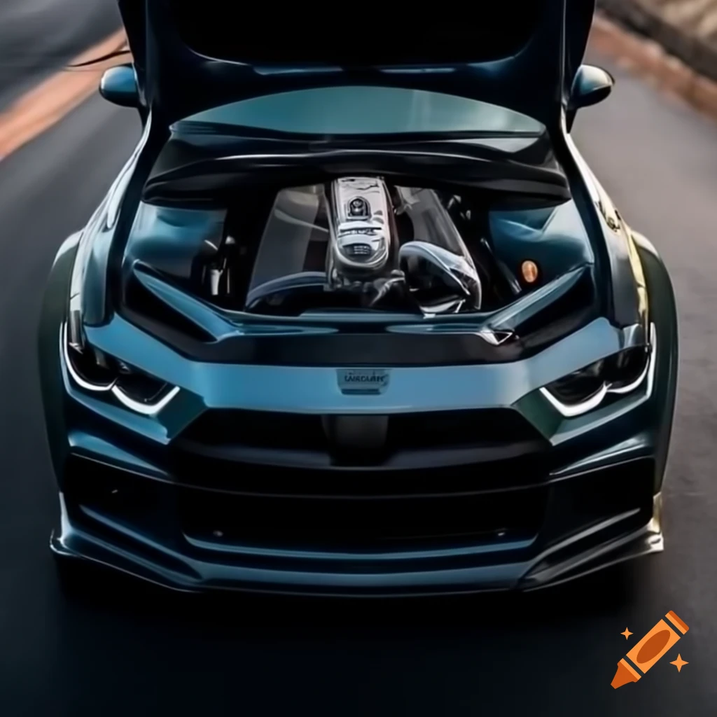 Exterior view of sports car showcasing engine details