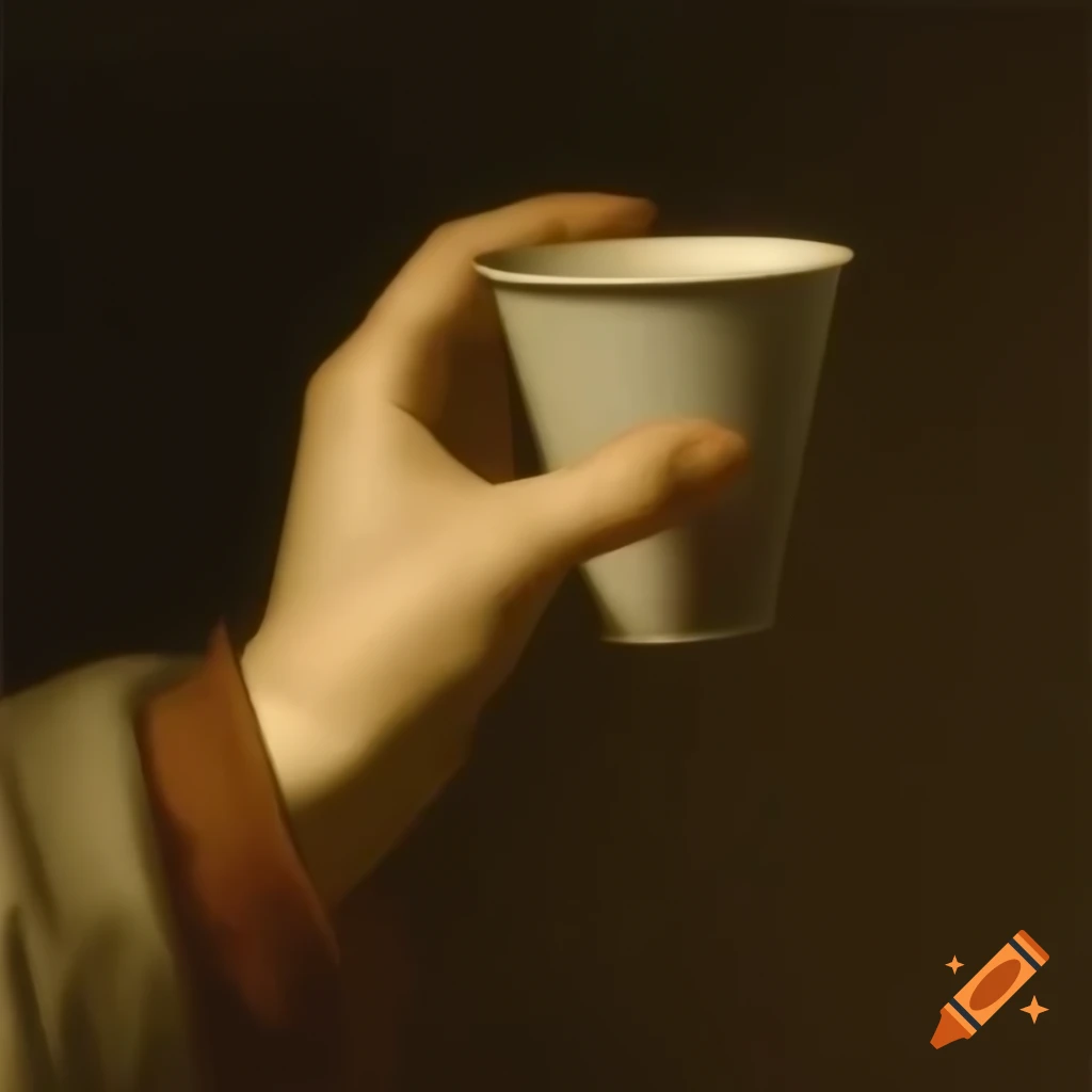 Arm holding paper cup, artwork by Francisco de Goya