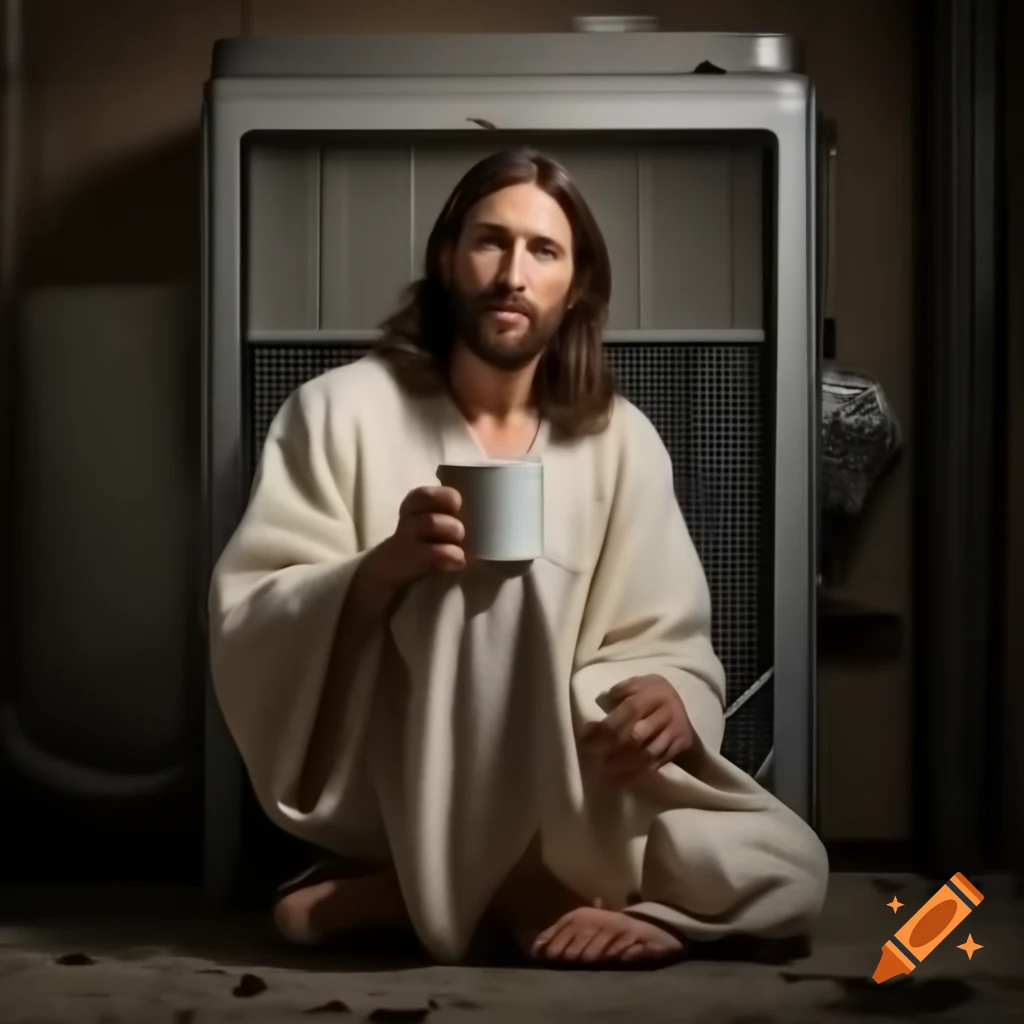 Jesus on knees holding empty cup before broken hvac unit on craiyon
