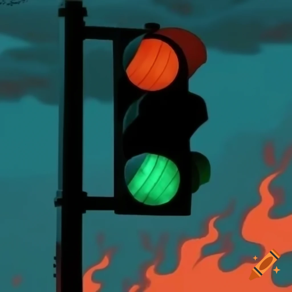 Abstract green traffic light with flames in the sky background