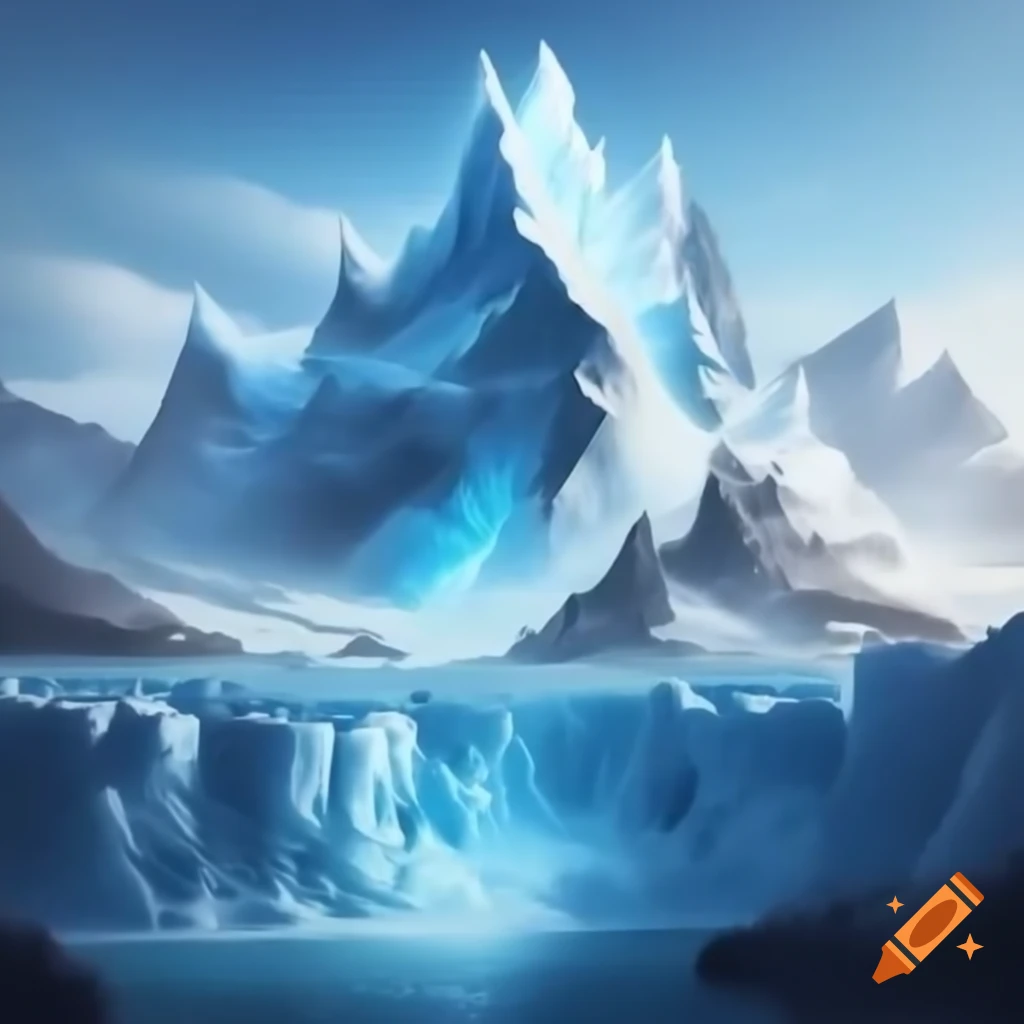 Fantasy style frigid glacier with ocean and icebergs