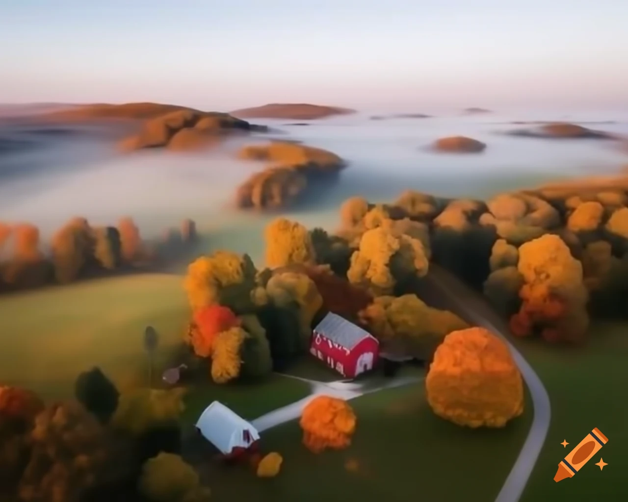 Autumn landscape in New England featuring foggy scenery and red farmhouse