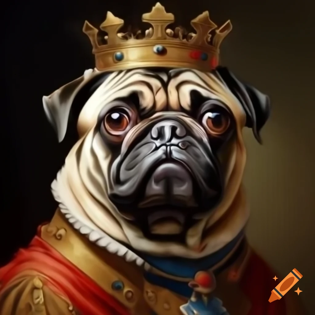 Ancient portrait painting of a pug in king attire