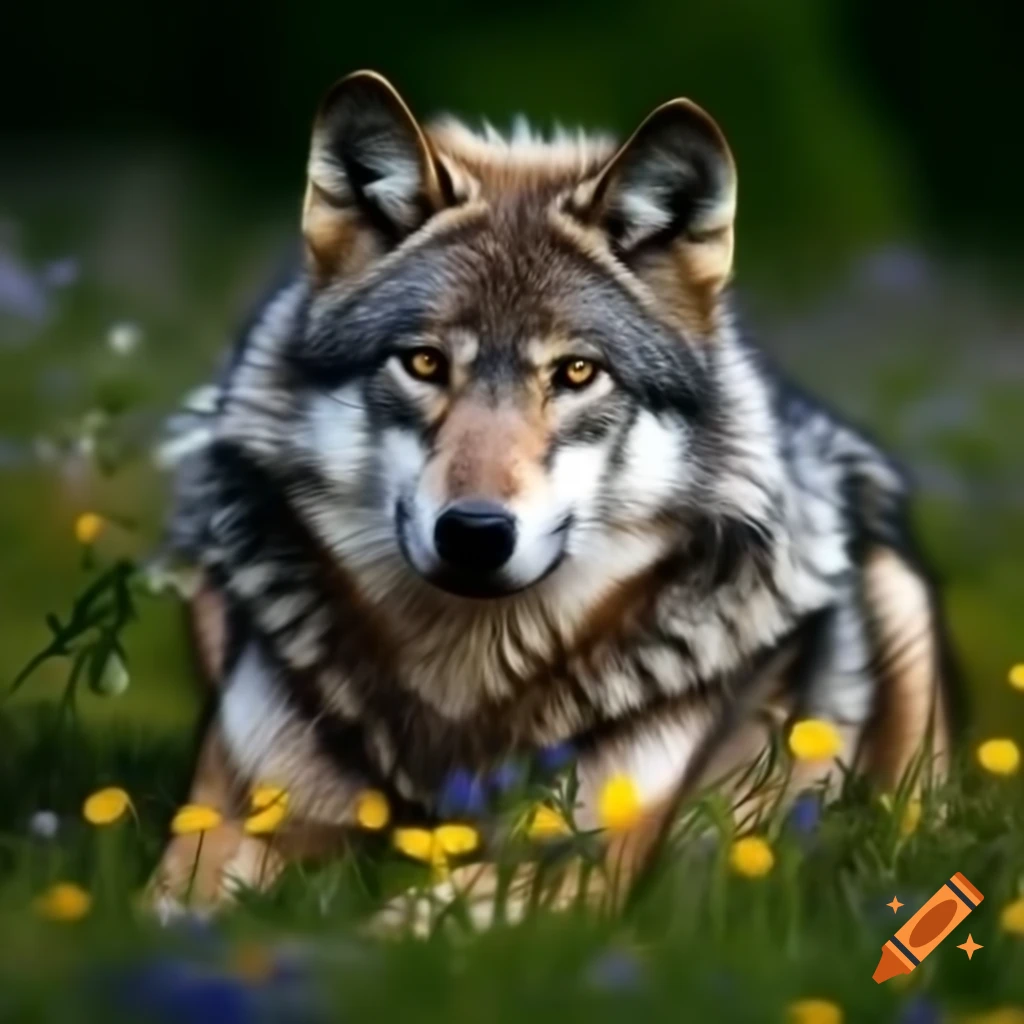 Gray wolf with amber eyes resting in wildflower field, vibrant colors