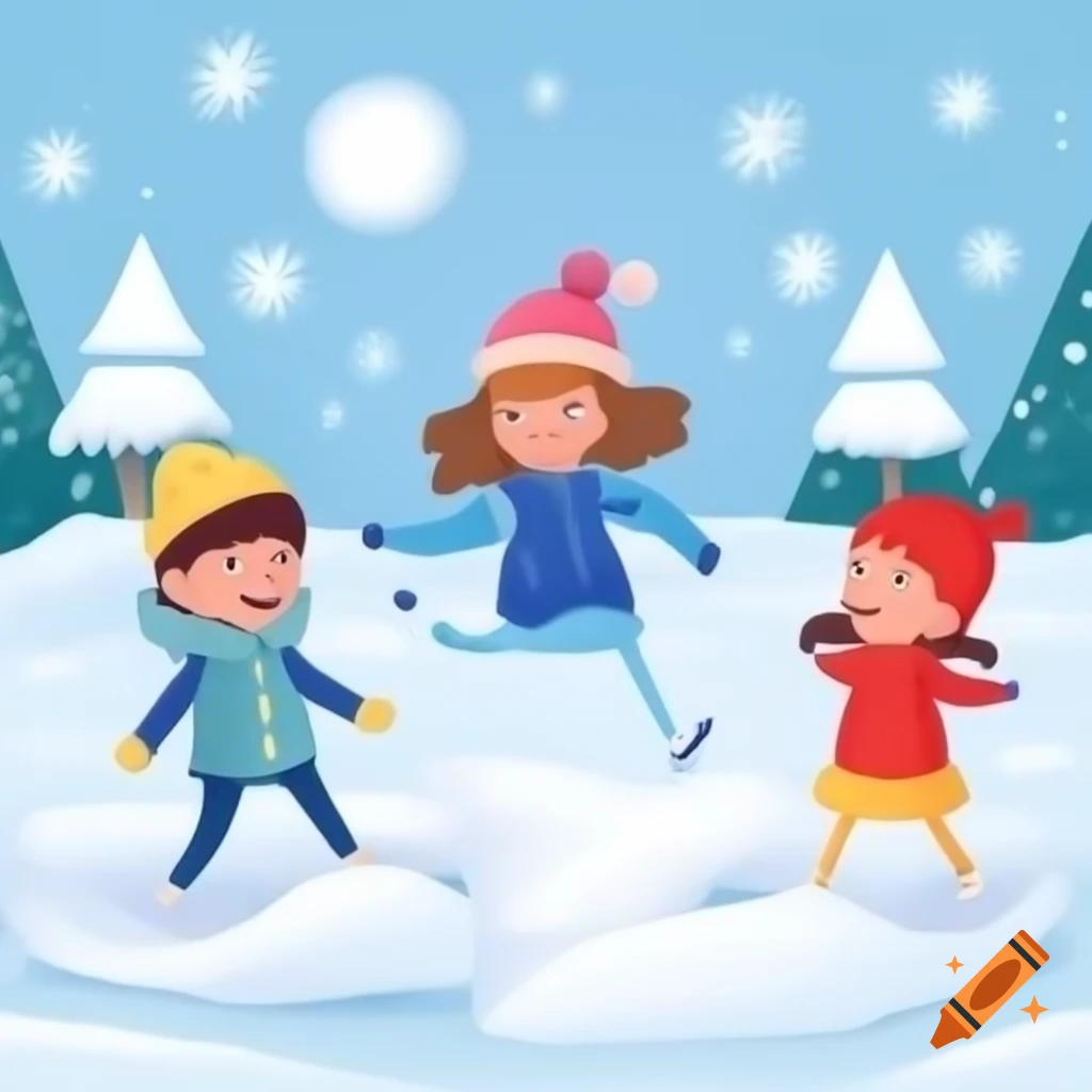 Children enjoying landing in a snowy area