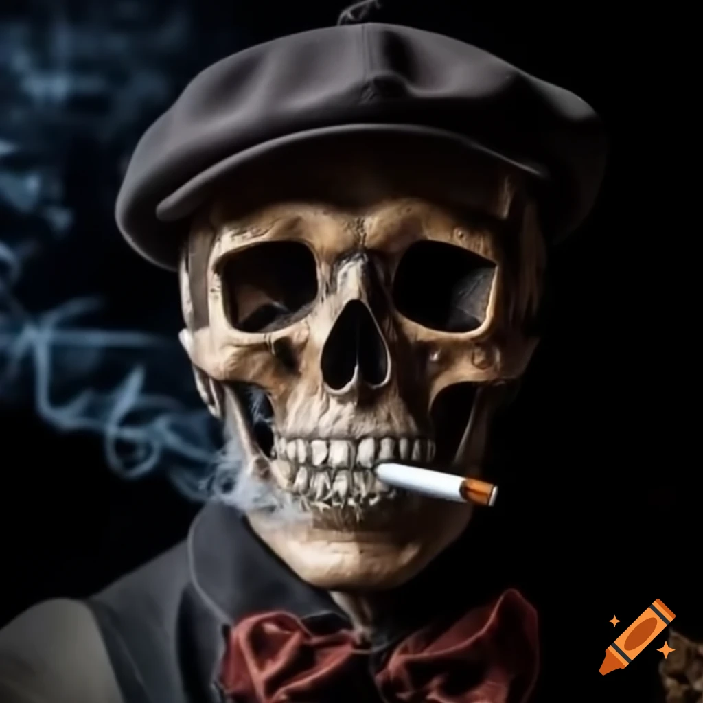 Skull wearing newsboy hat and smoking cigarette
