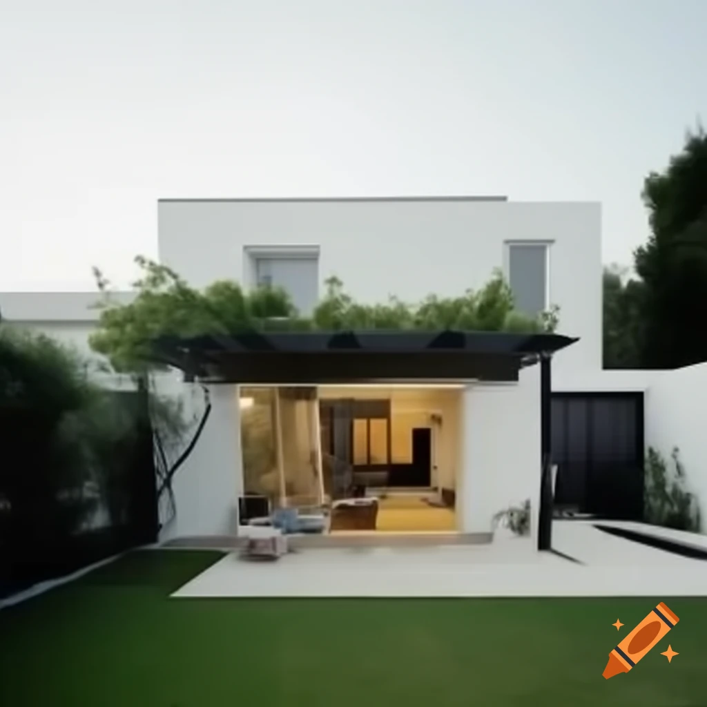 Large modern minimalist house with garden and electric gate, white exterior