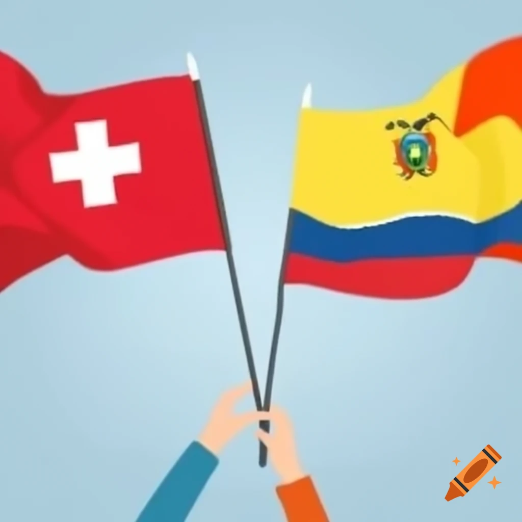 Two flags with happy faces and arms holding hands, Switzerland and Ecuador colors