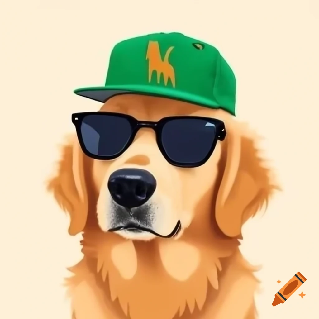 Cartoon golden retriever wearing sunglasses and green baseball cap with a smirk