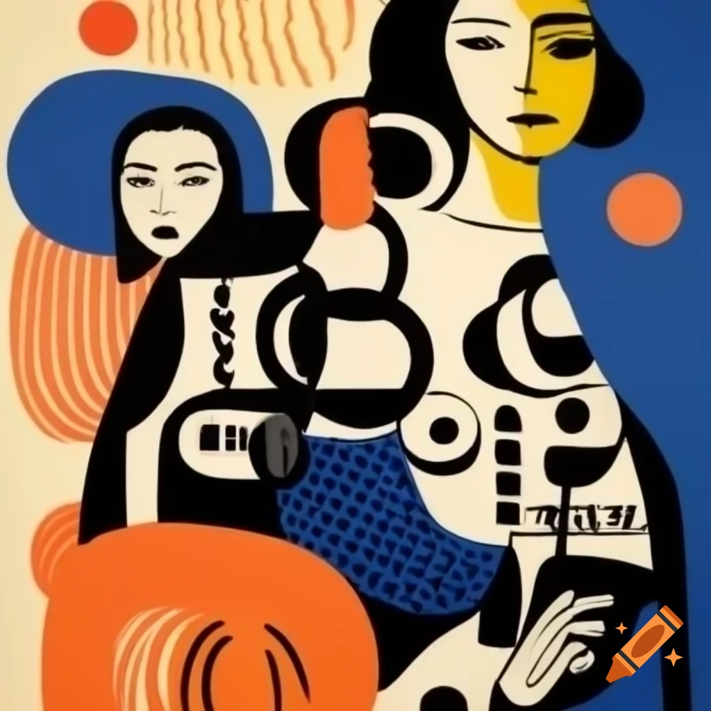 Dynamic artwork blending elements of Guernica and Marimekko styles