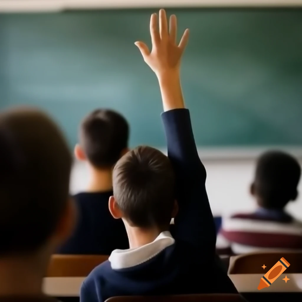 Boy raising hand in classroom to answer question