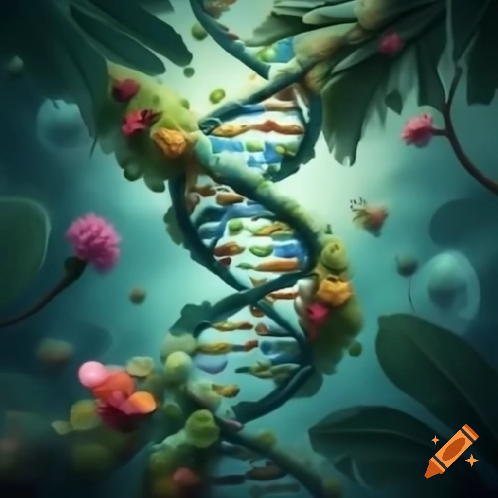 Jungle with DNA double helix structures resembling trees among leaves and flowers under cloudy sky