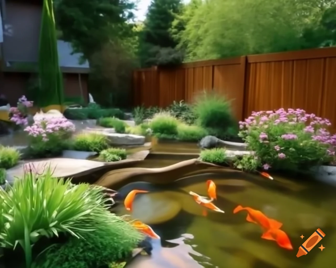 Backyard with flowers, greenery, koi fish, and puddles on sunny day