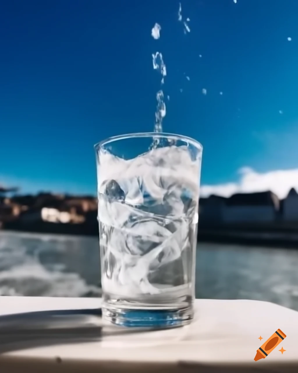 Refreshing ice water in a glass under sunny day, commercial style