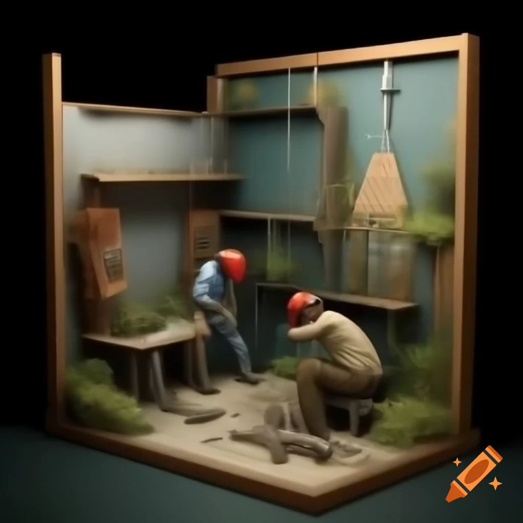 Diorama of workers repairing a website presented in 3D layers
