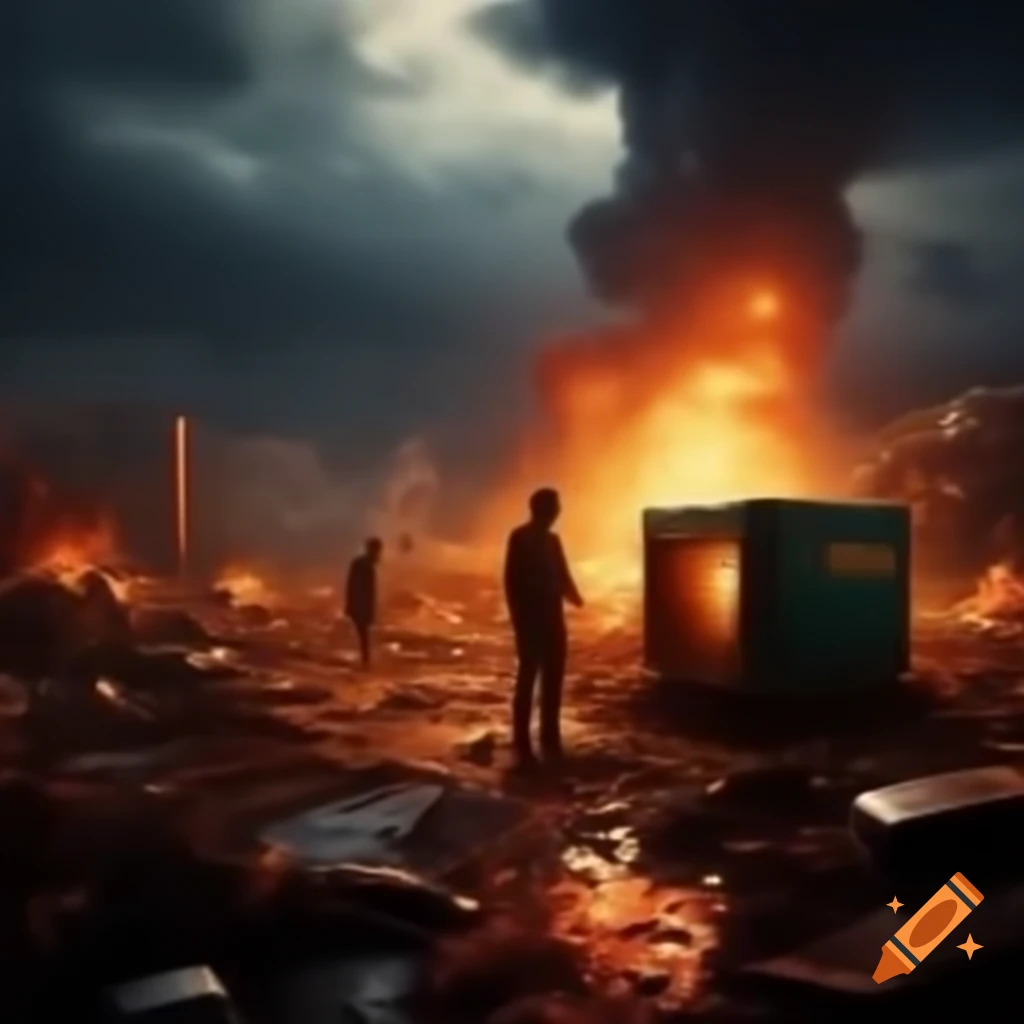 Disaster scene featuring a generator in a chaotic environment