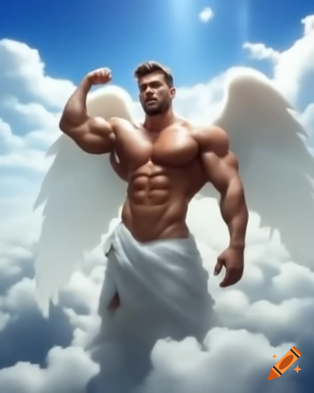 Big muscular angel and human male boyfriend in heavenly clouds