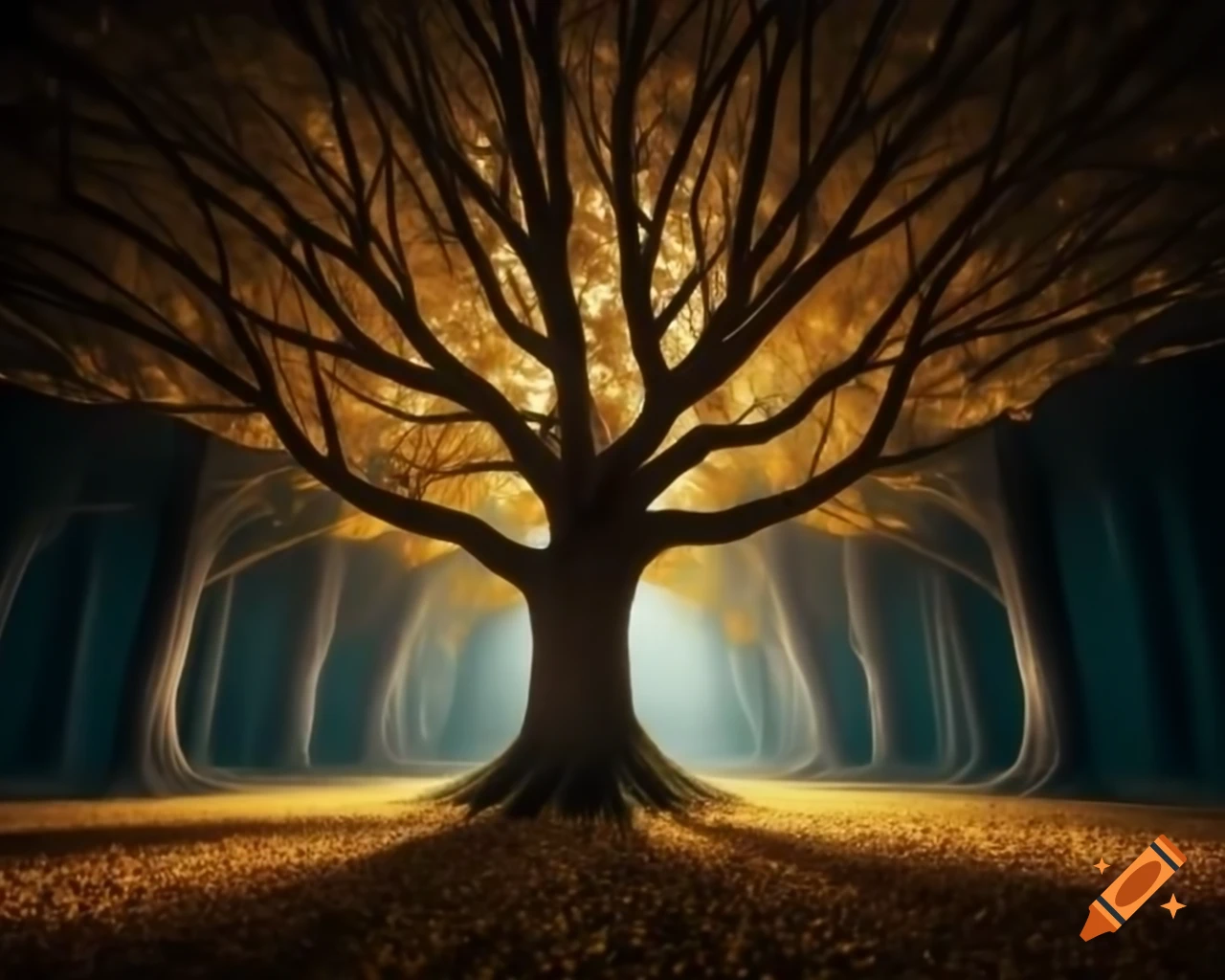 Surreal scene of oak tree with golden leaves in dark forest, long shot