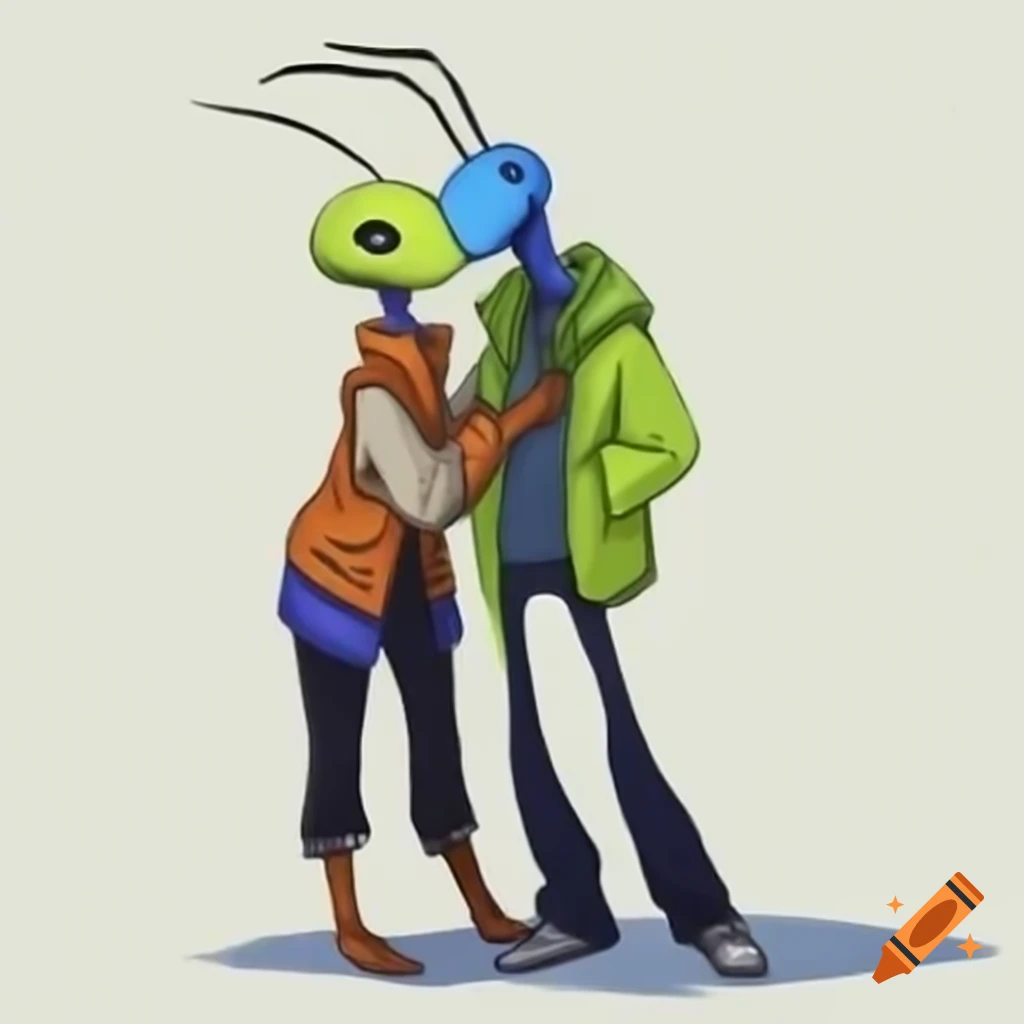 Drawing of two mantis-like humanoid characters hugging, wearing jackets and jeans