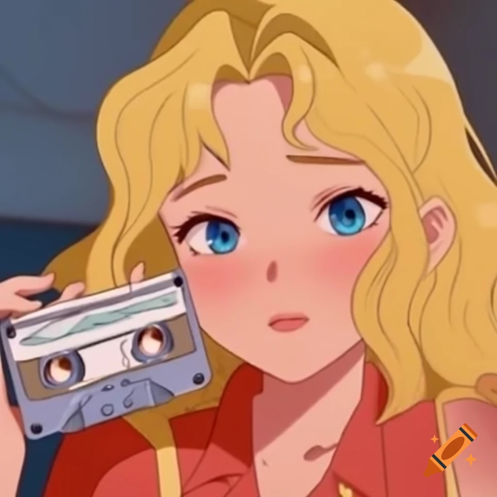 Blonde anime woman holding a cassette tape