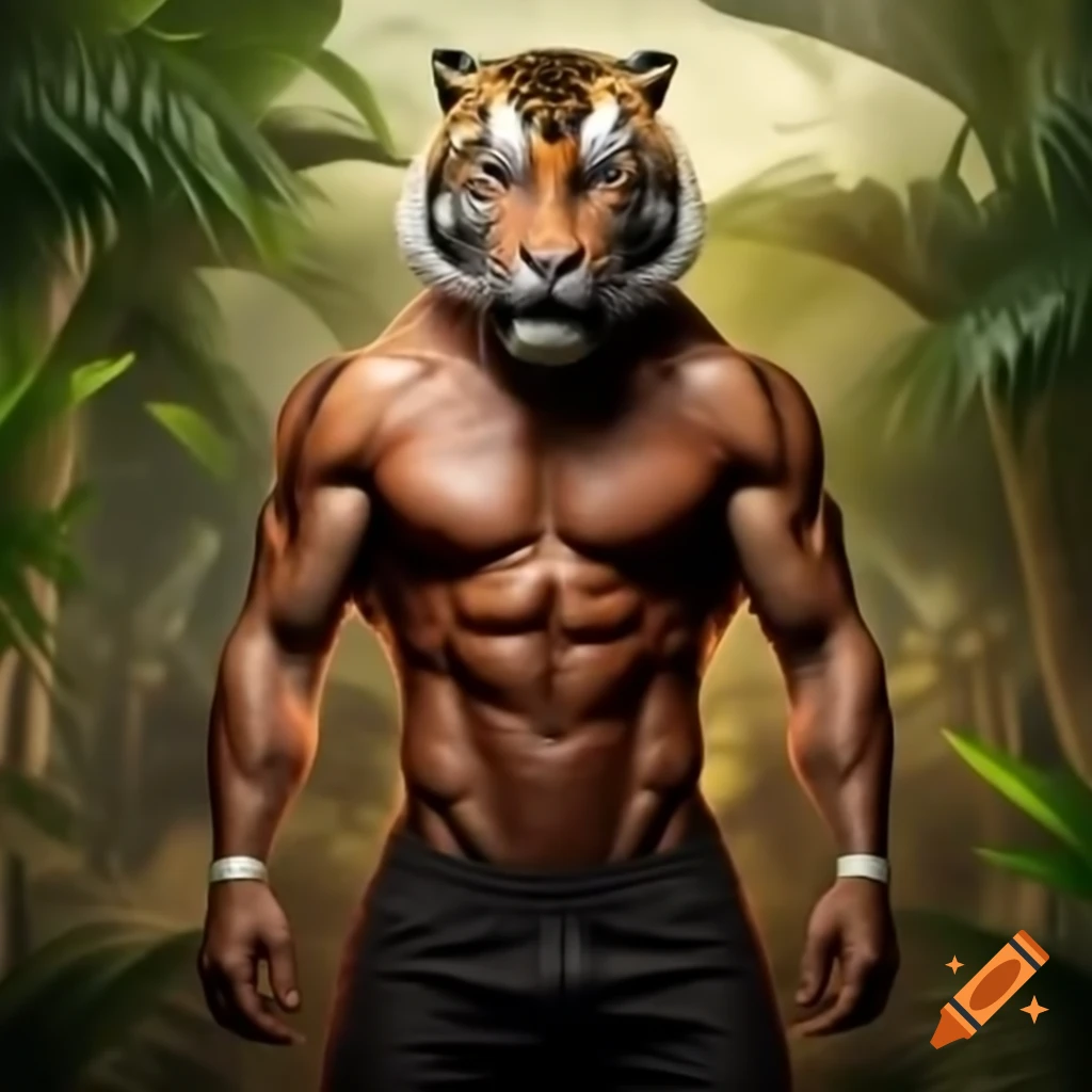 Fusion of Cristiano Ronaldo with tiger body, muscular and striped