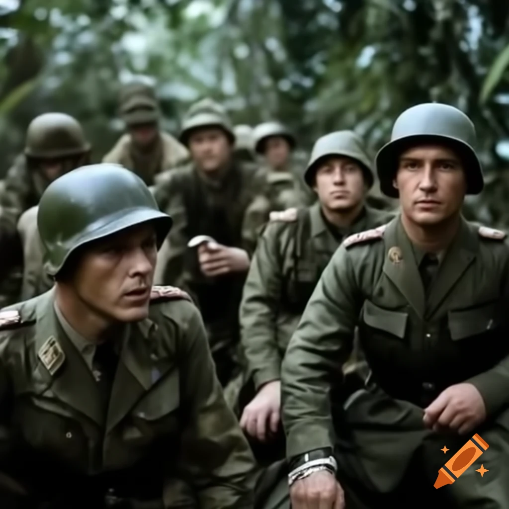 German soldiers in jungle camouflage during battle in a jungle setting