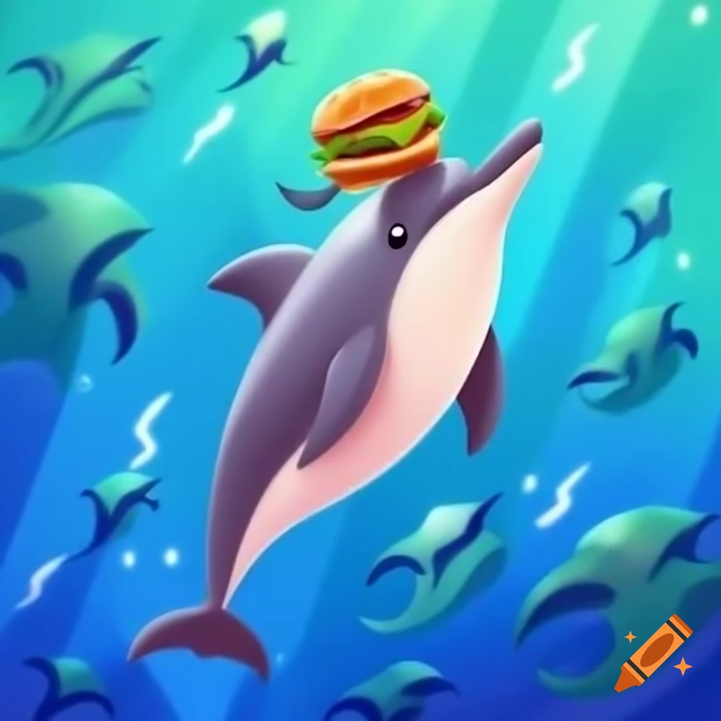 Border collie riding dolphin in space with hamburger