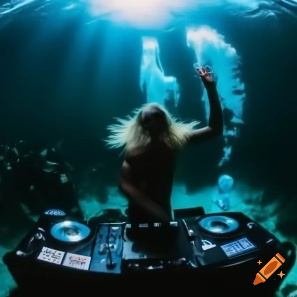 DJ spinning records underwater with divers enjoying a party and blue light