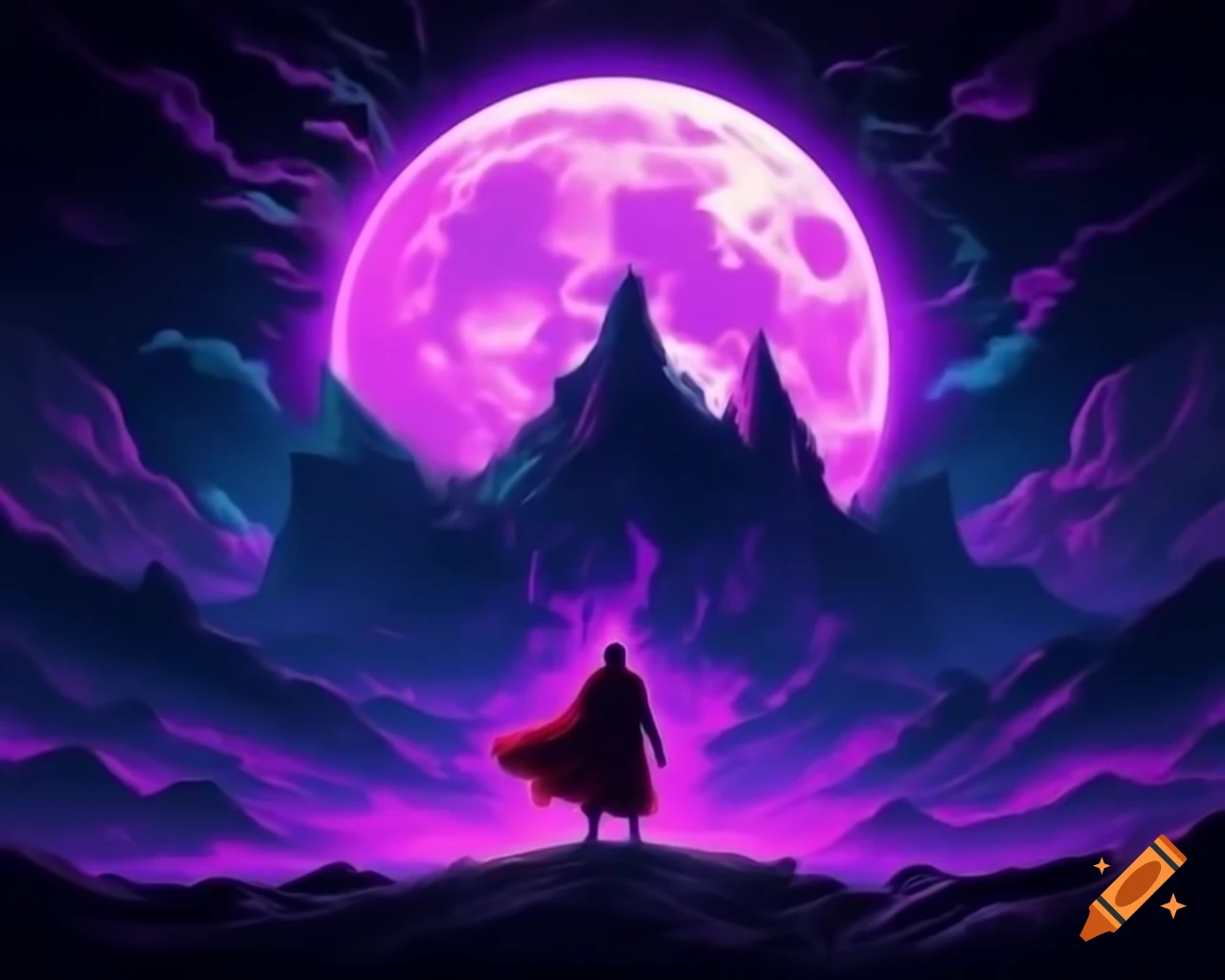 Surreal fantasy illustration with neon colors and full moon, poster style