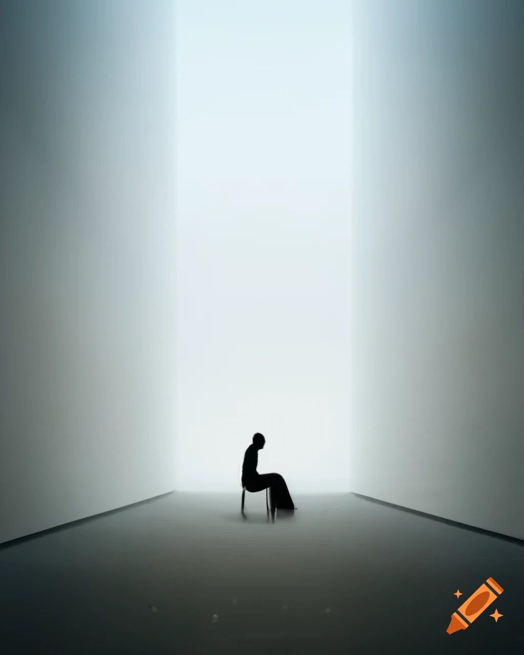 Solitary figure against white wall in empty hall, evoking loneliness