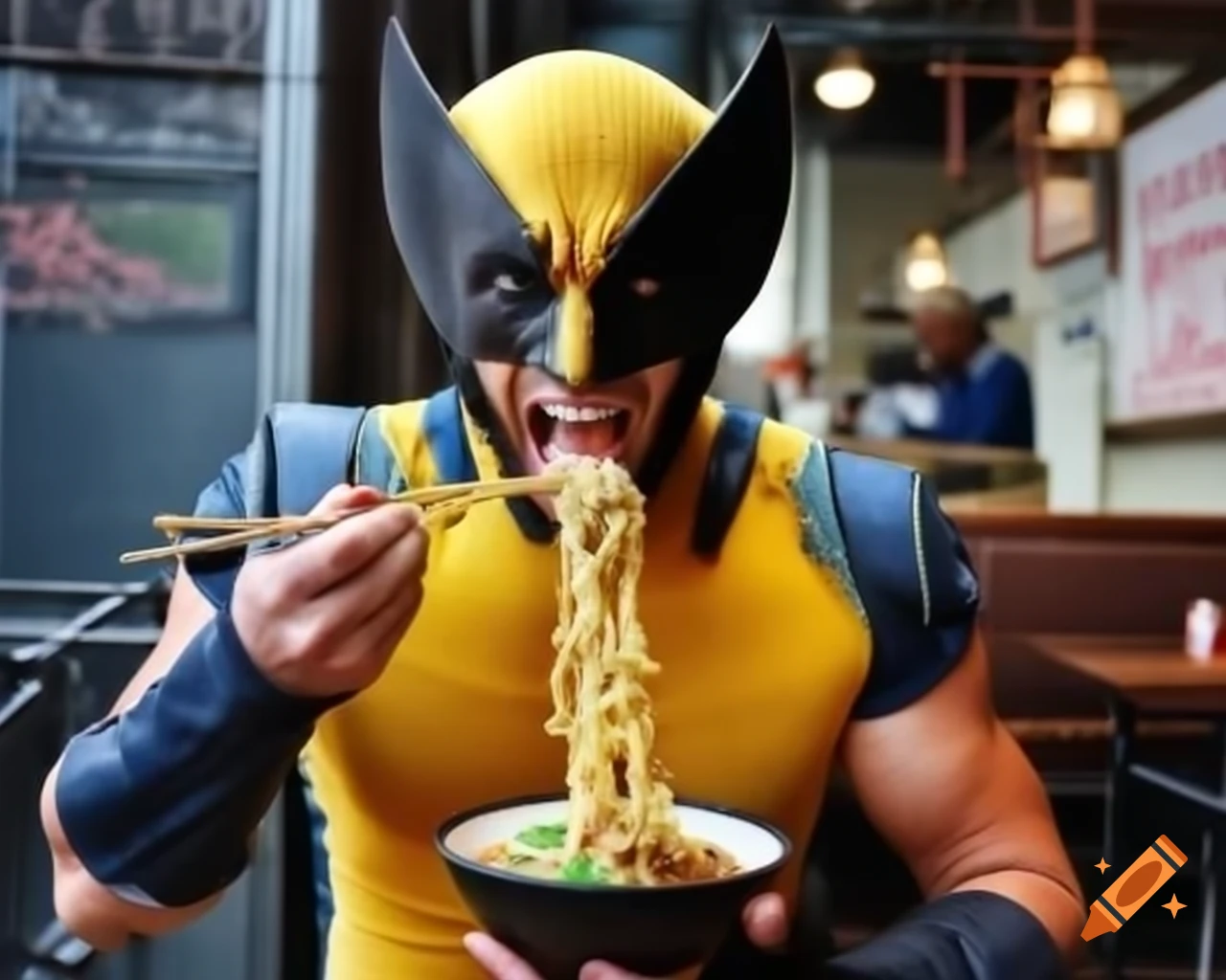 Wolverine eating instant ramen on the street in raw photography style