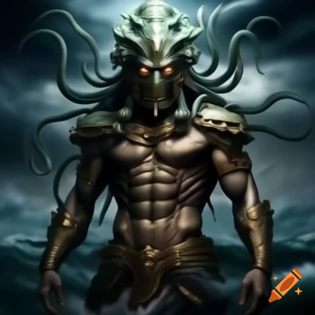 Greek god/goddess with squid head in metal armor over stormy ocean