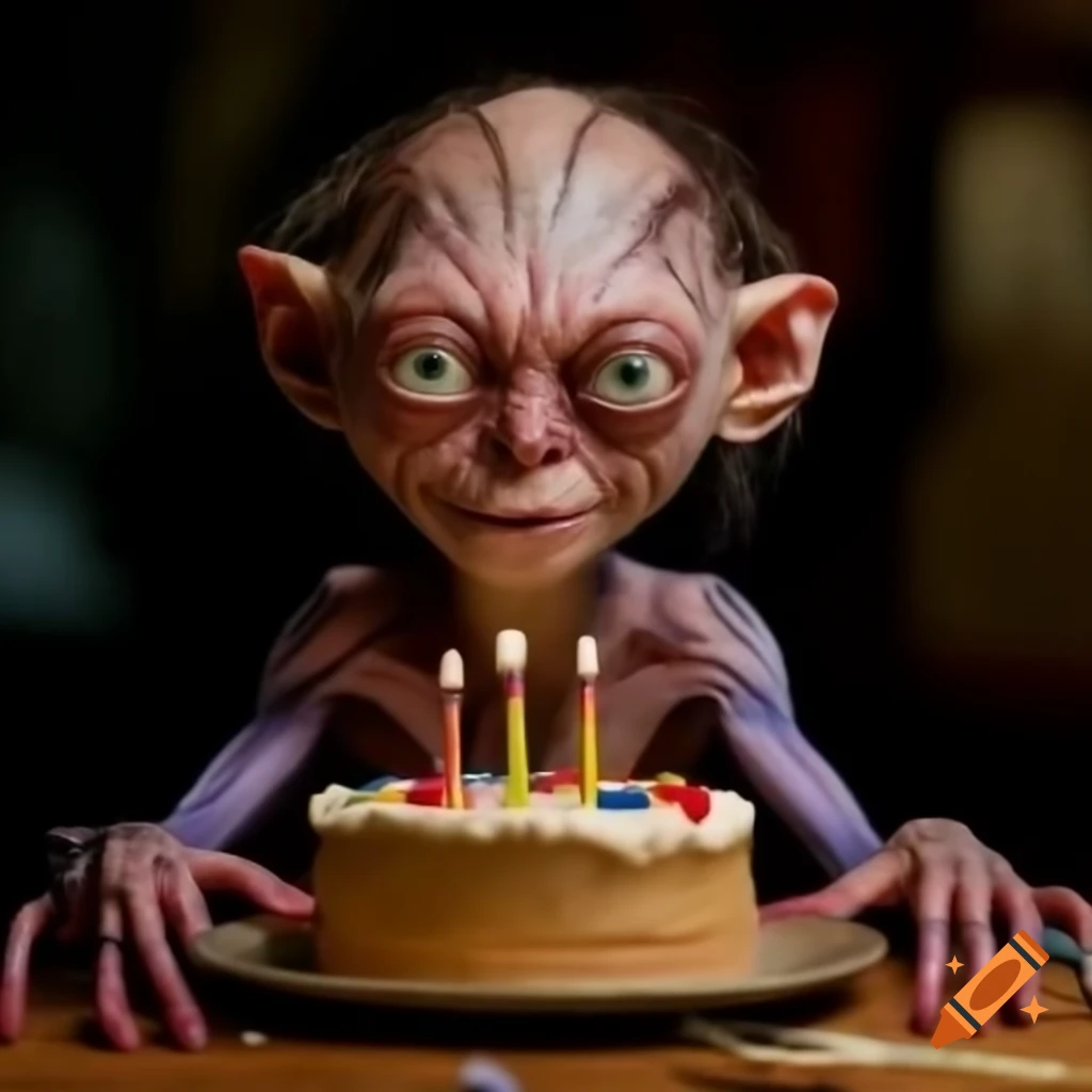 Gollum holding a birthday cake