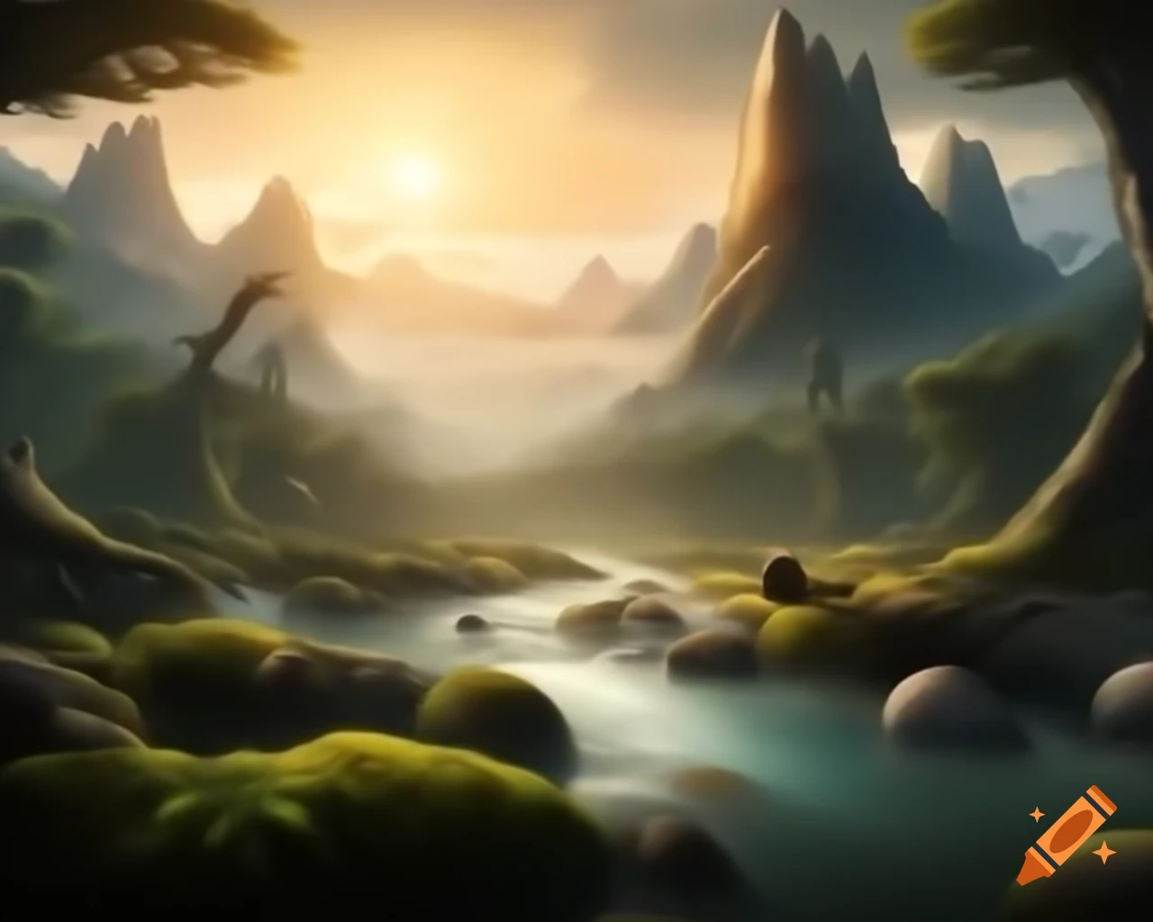 Majestic mountain range above a winding river with grand trees