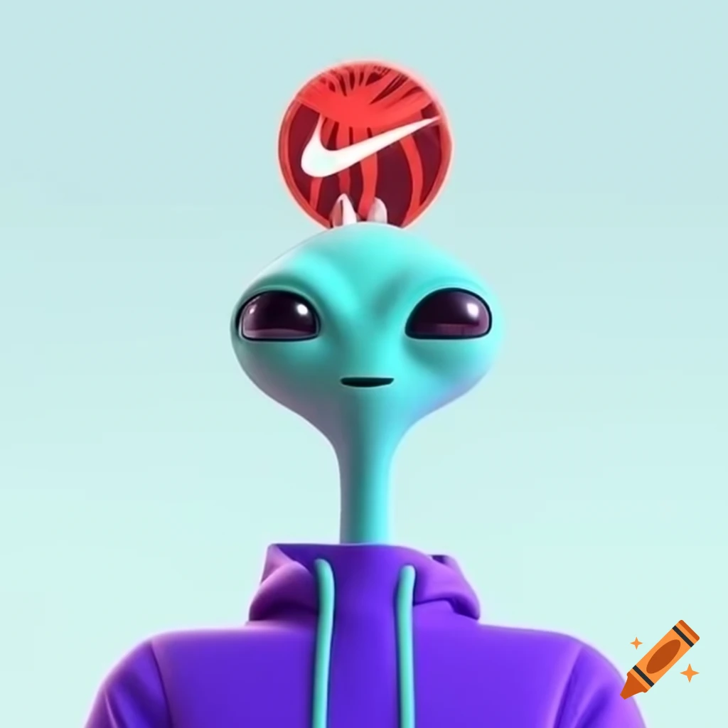 Cartoon alien holding Nike logo above its head