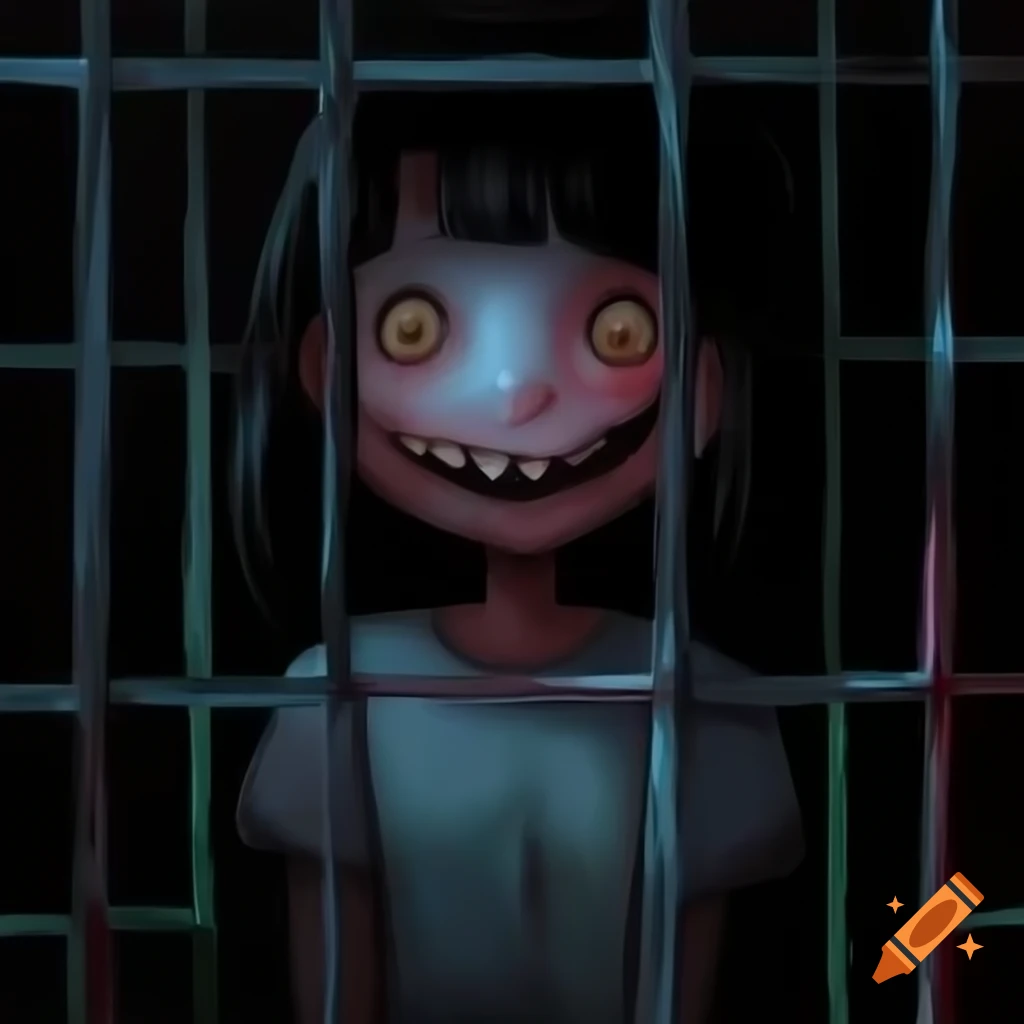 Creepy smiling girl behind grating, digital painting