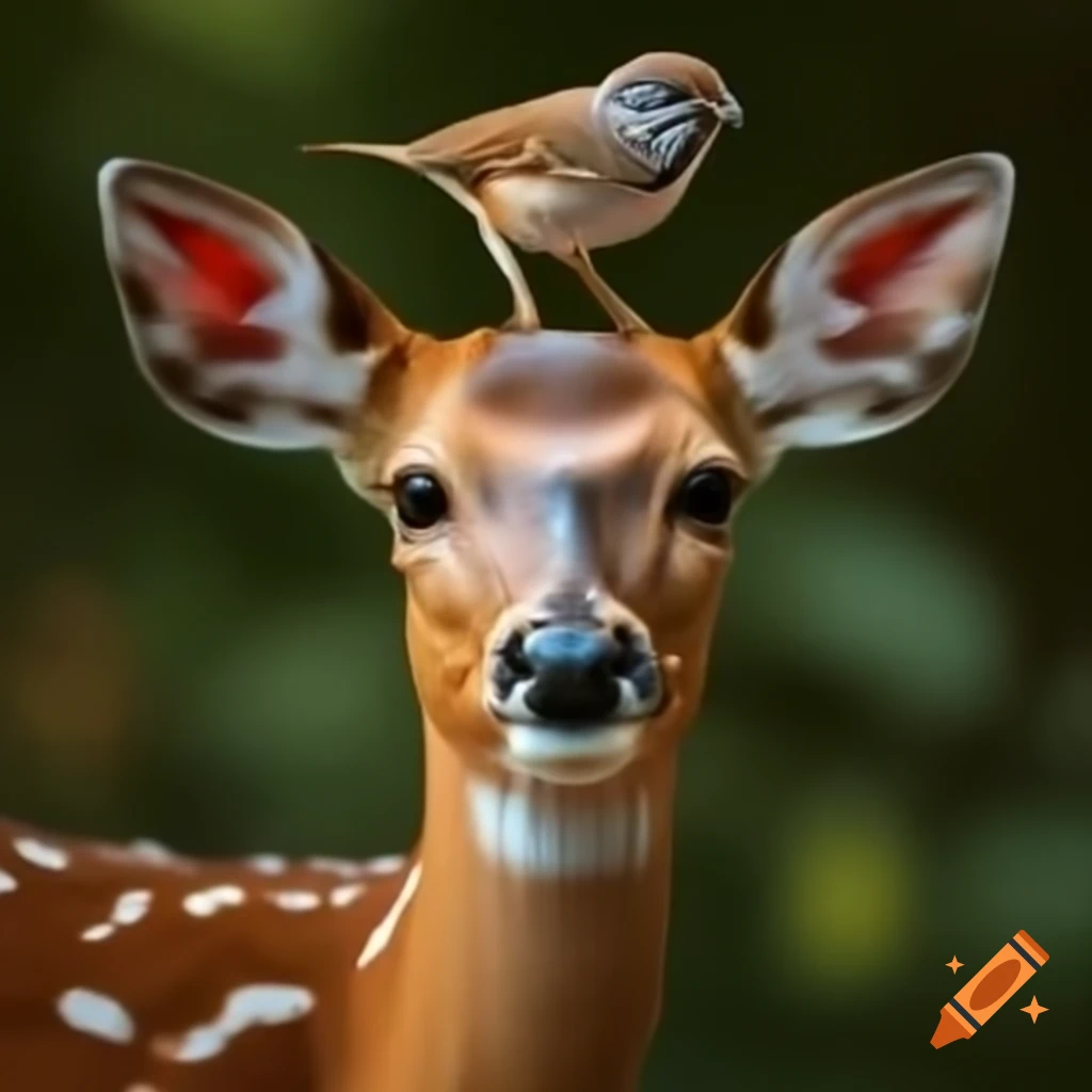 Doe in forest with sparrow resting on its nose