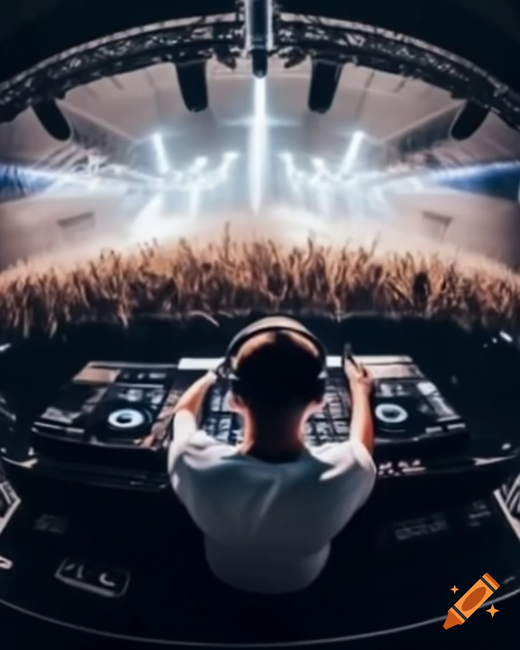 DJ performing live with pulsating visuals and enthusiastic fans