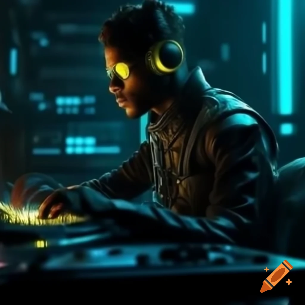 Cyber music producer illuminated by yellow light