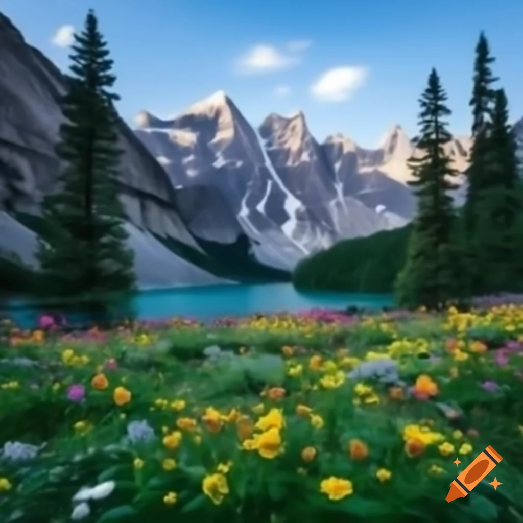 Artistic depiction of flowers, rivers, mountains, canyon, trees, and dogs