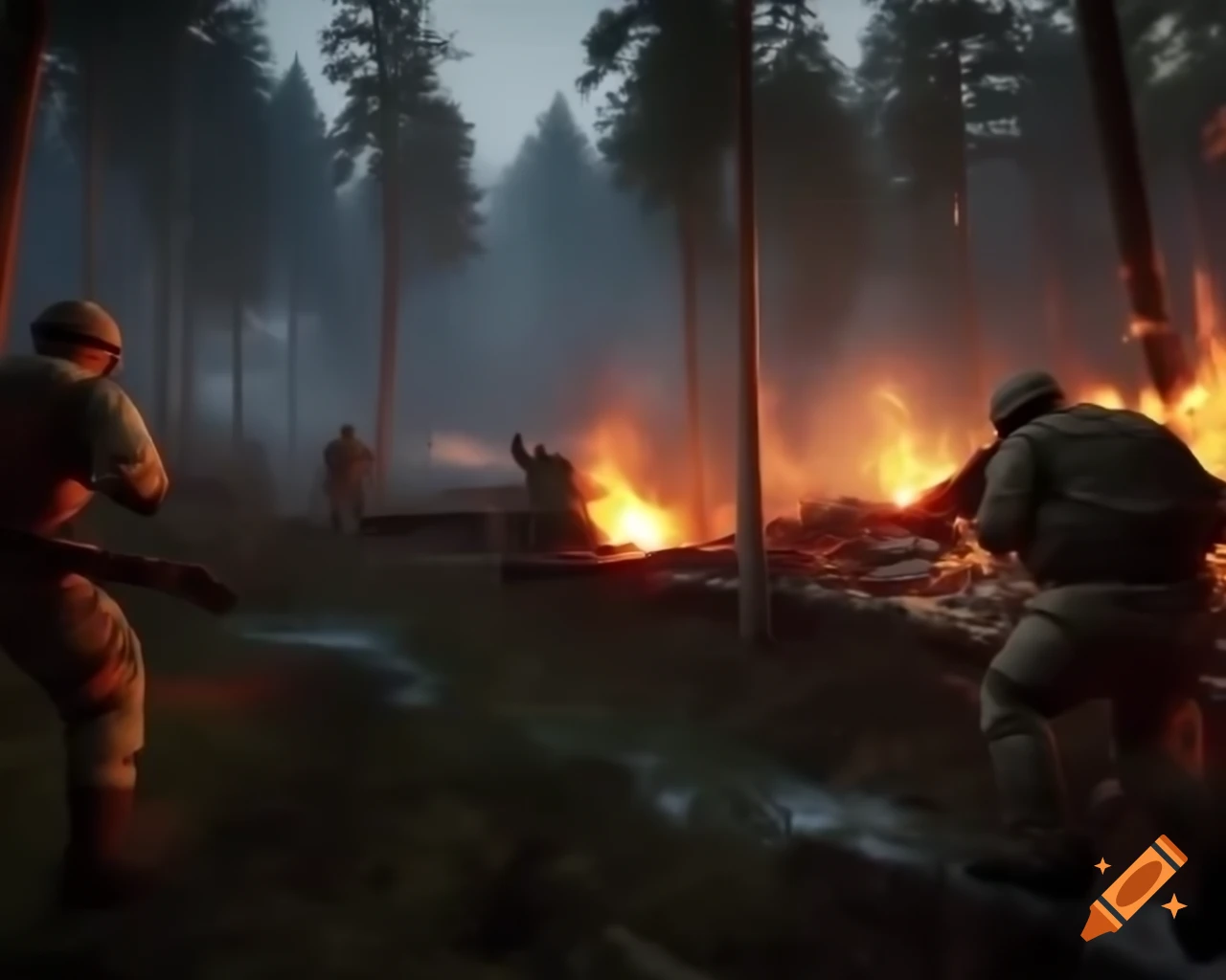 Intense forest battle scene with burning trees and soldiers in camouflage