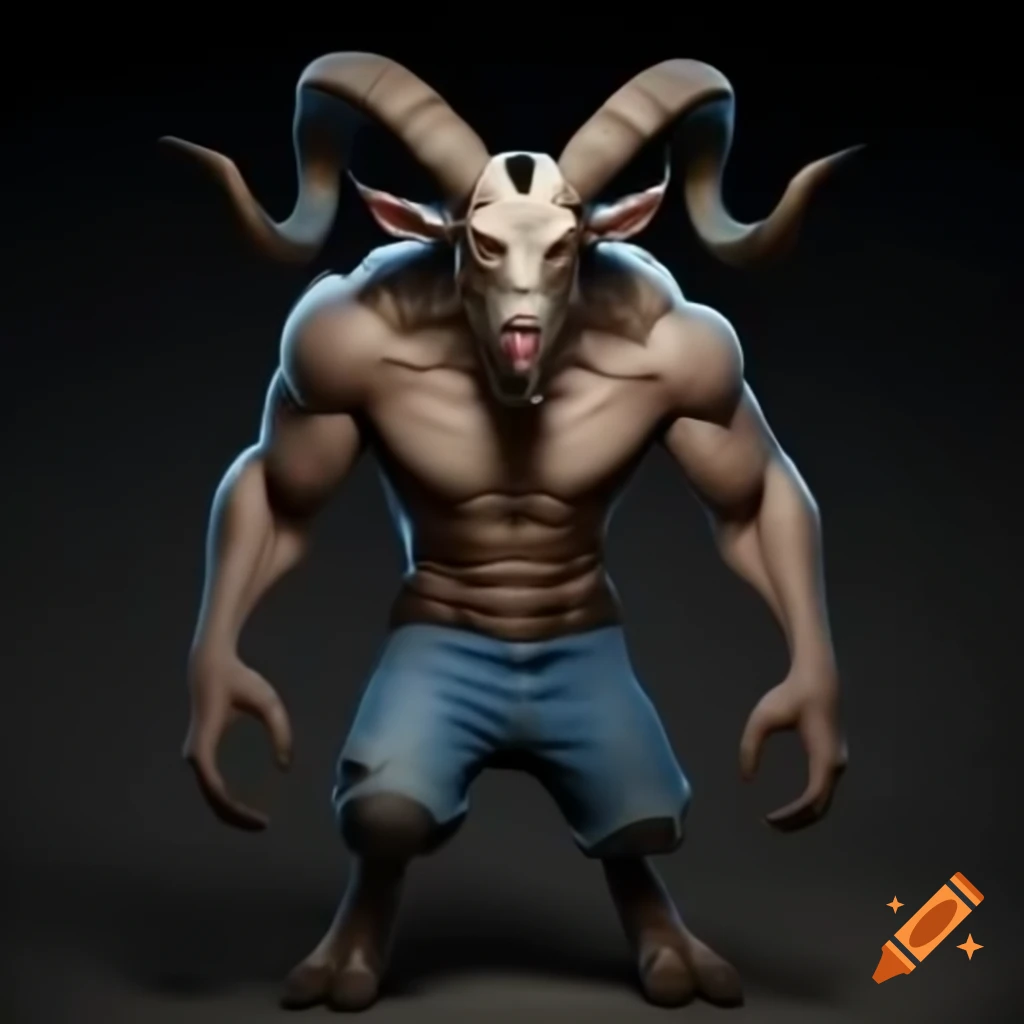 Muscular goat-headed demon with large horns and blue short jeans