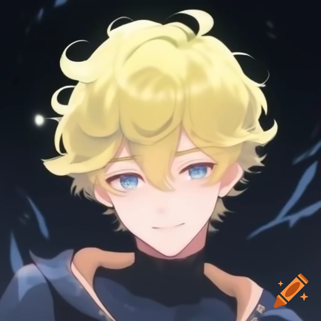 Handsome male with wavy pastel yellow and white hair in hero suit with stars background